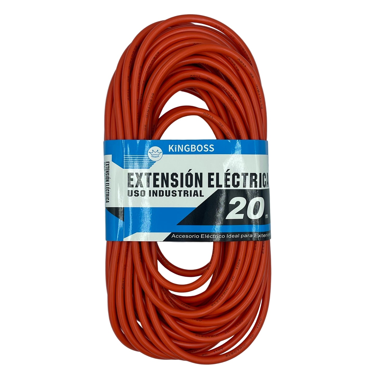 Coiled orange electrical extension cord with Kingboss packaging on a gray background
