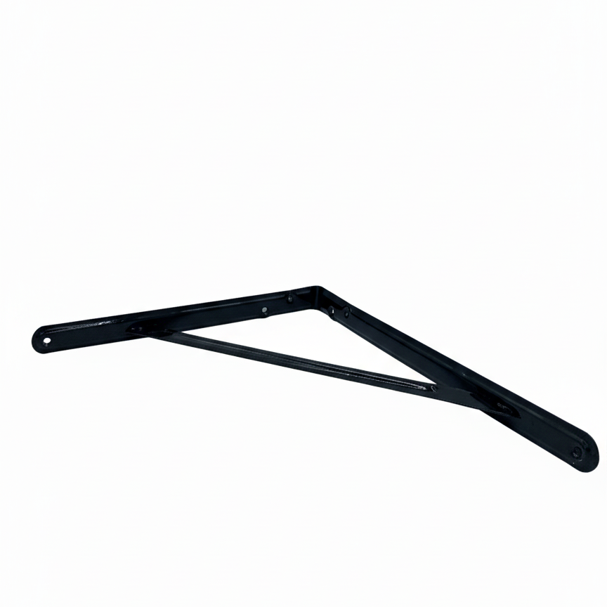 Black metal shelf bracket on a white background