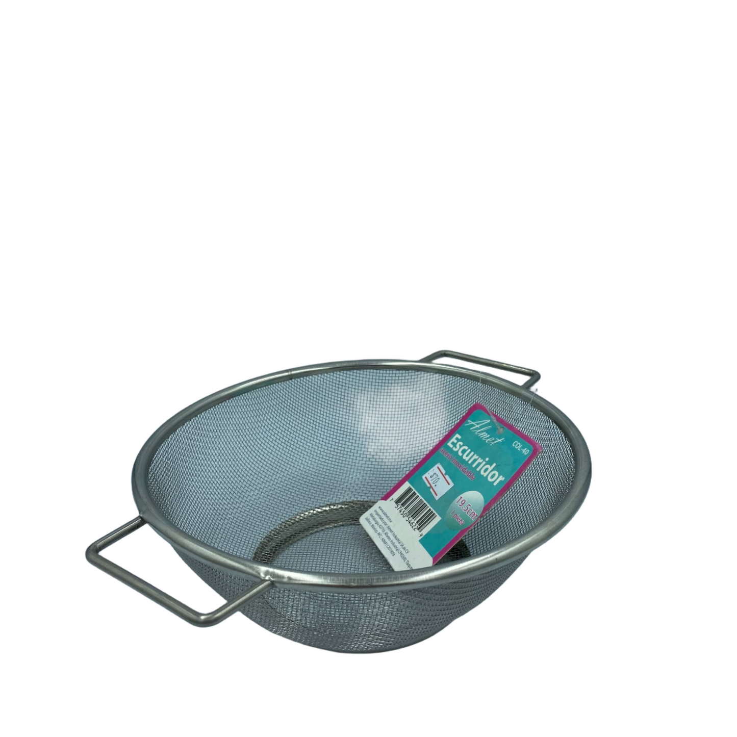 Metal mesh strainer with a label on a white background