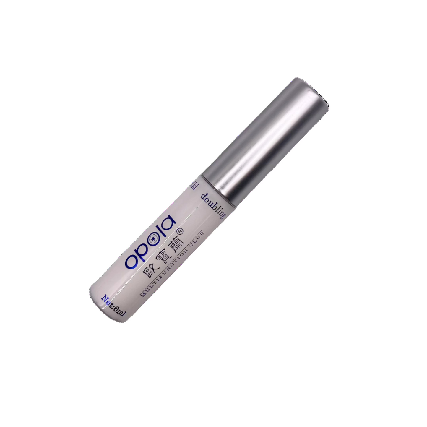 Silver and white cosmetic tube with 'opola' branding on a white background