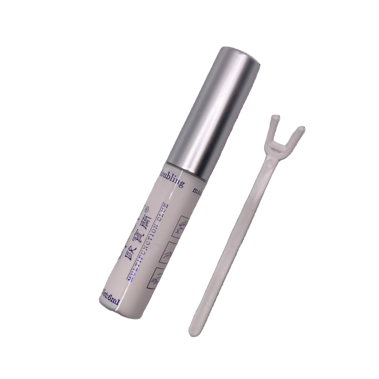 Silver eyelash extension tube with a white applicator on a white background
