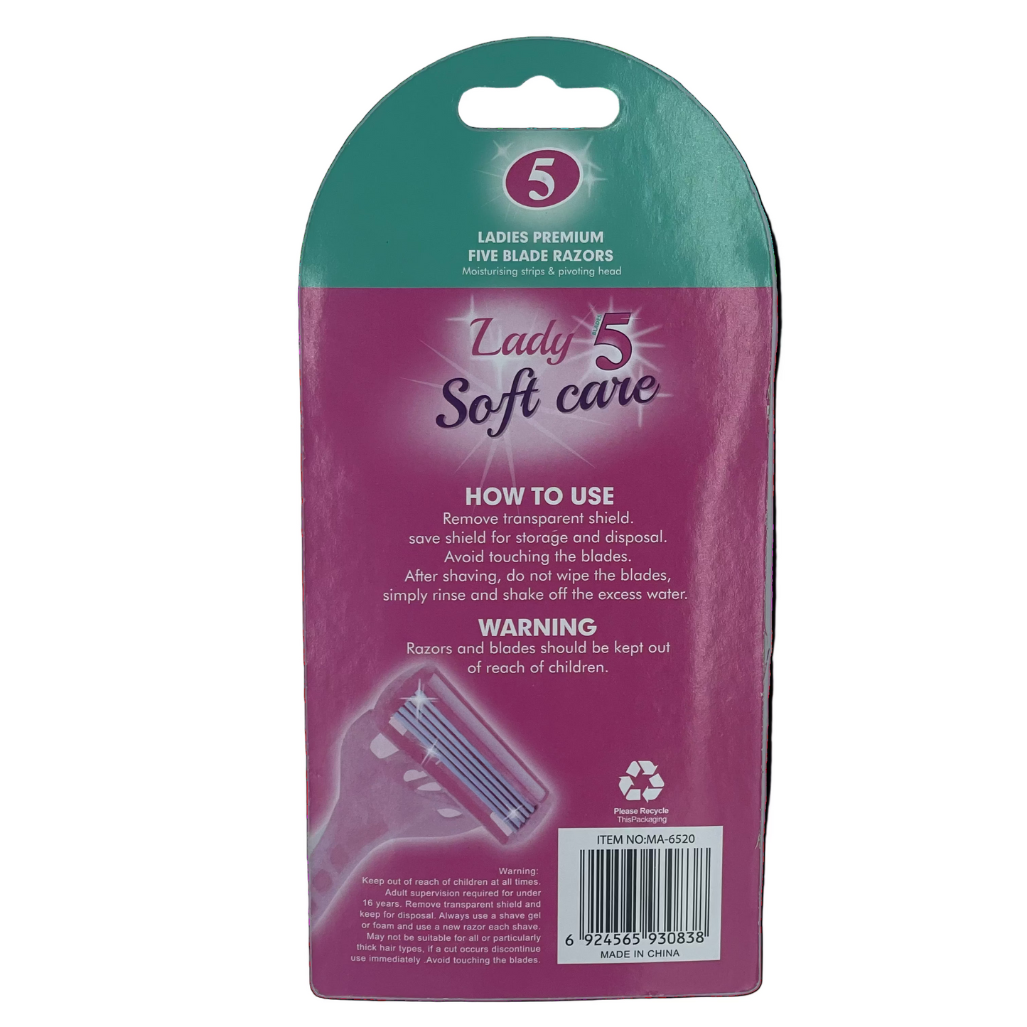 Packaged Lady 5 Soft Care razor with purple and green design on a white background