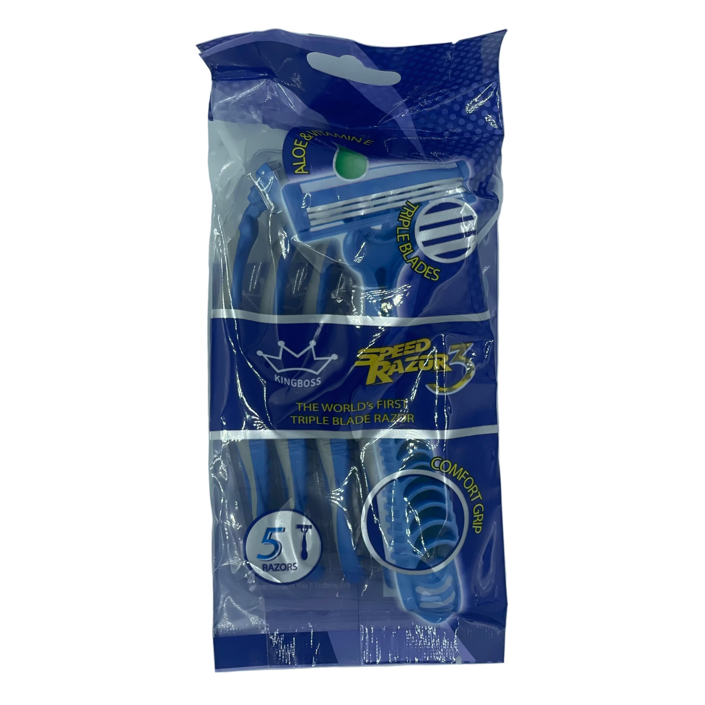 Packaged razor with visible branding on a white background