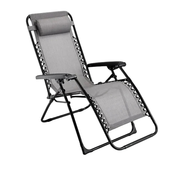 Gray lounge chair with black metal frame on a white background