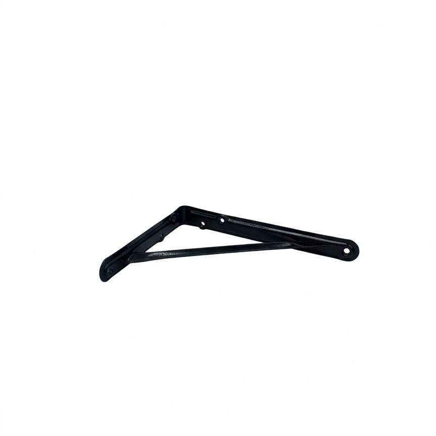 Black metal shelf bracket on a white background