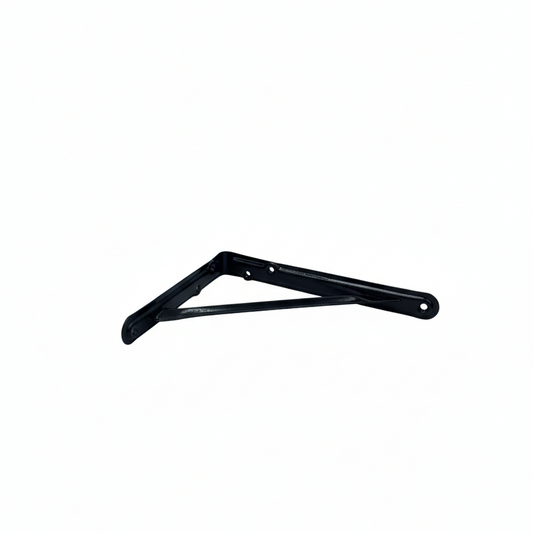 Black metal shelf bracket on a white background