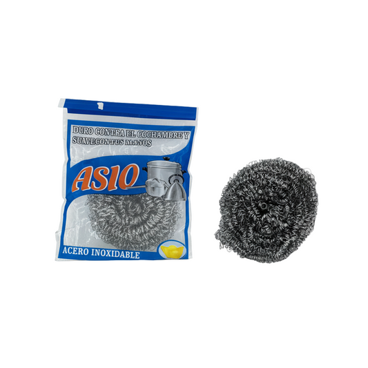 ASIO stainless steel scrubber ball with packaging on a white background