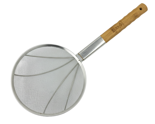 Metal strainer with a wooden handle on a white background
