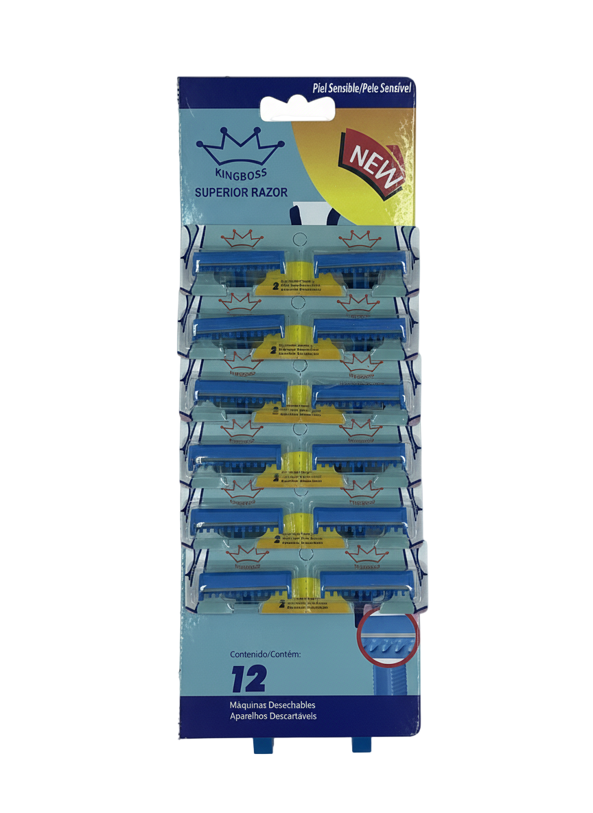 Pack of KingBoss superior razors with a blue and yellow design on a white background