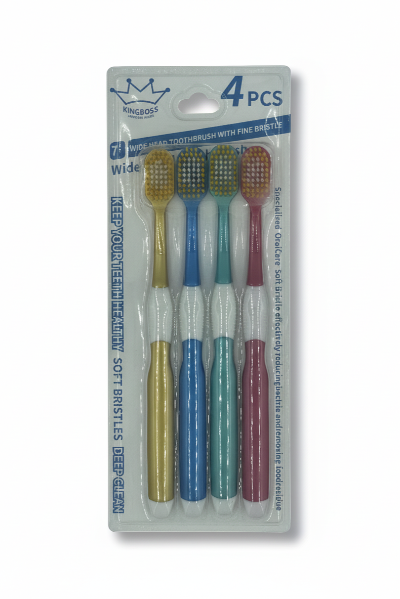 Pack of four toothbrushes in various colors with KingBoss branding on a white background.