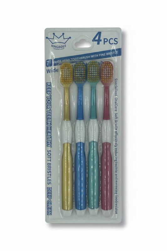 Pack of four toothbrushes in various colors with KingBoss branding on a white background.