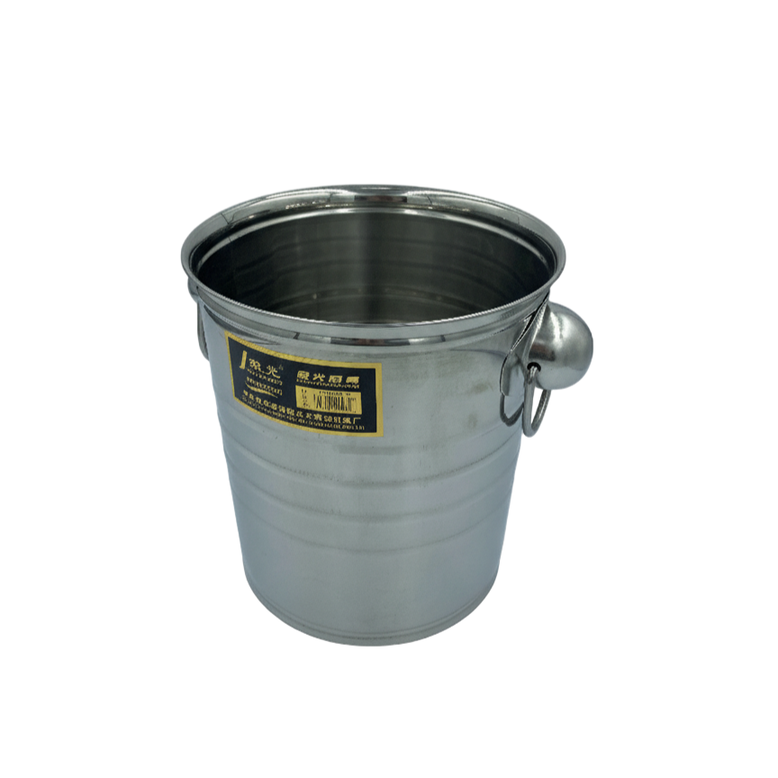 Metal bucket with a label on a light gray background