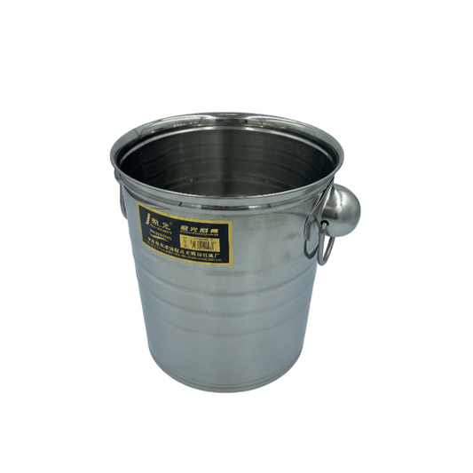 Metal bucket with a label on a light gray background