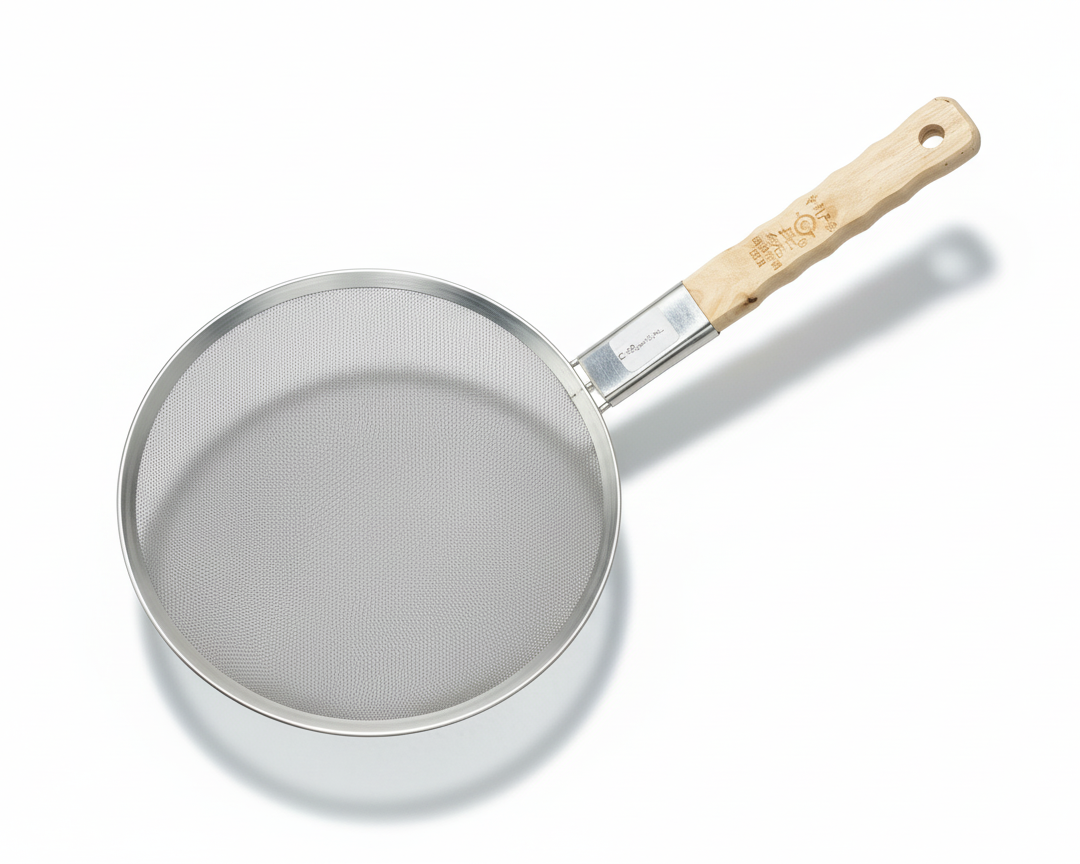 Metal strainer with wooden handle on a white background