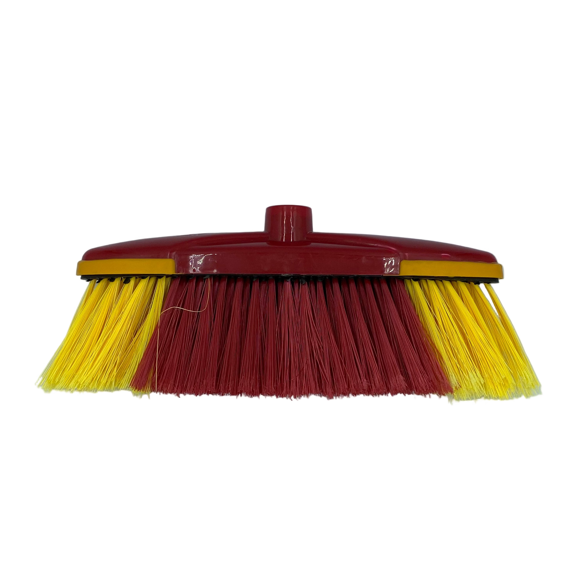 Yellow broom with brown bristles on a white background