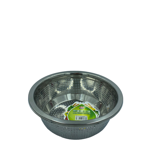 Stainless steel colander with a label on a white background