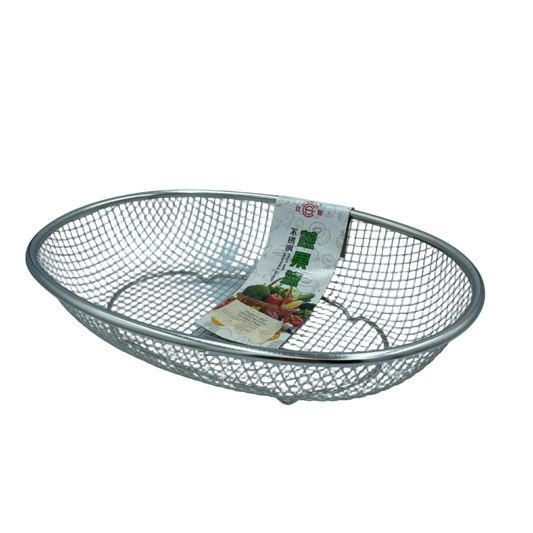Metal mesh basket with a tag on a white background