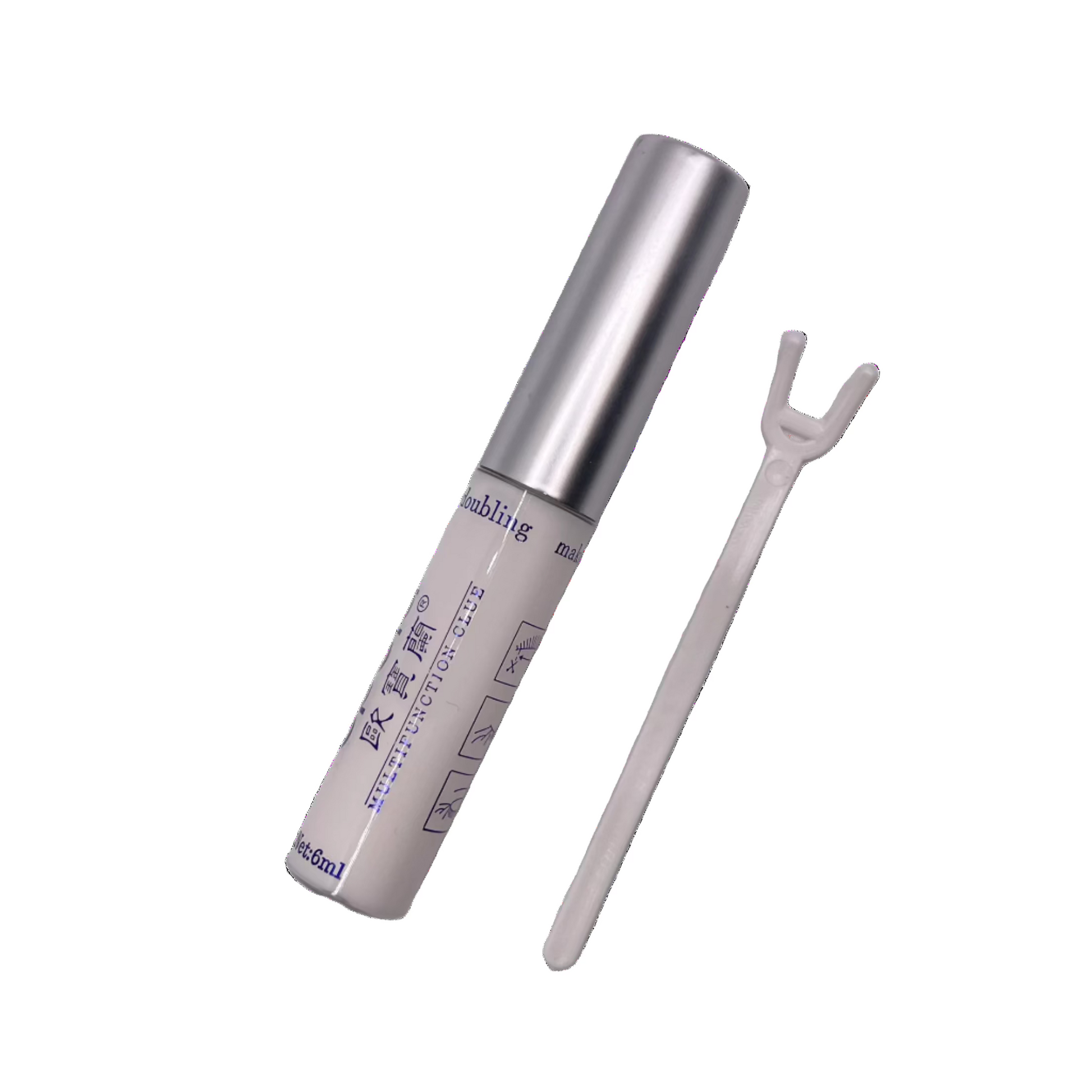 Silver eyelash extension tube with a white applicator on a white background