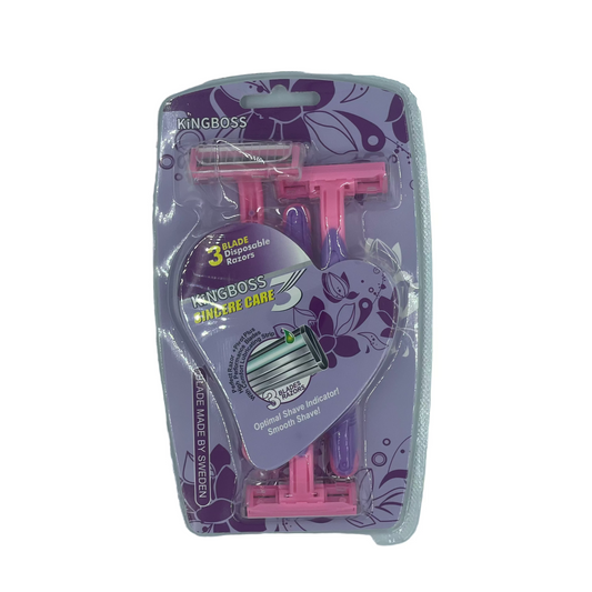 Purple and pink packaging of a razor with branding on a white background