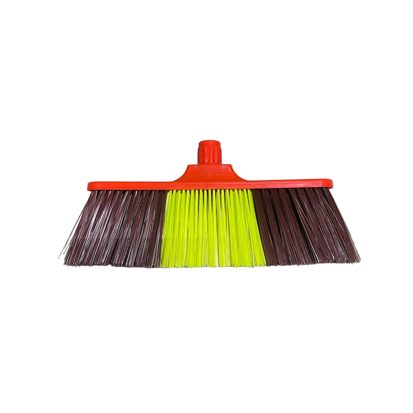 Broom with red handle and multicolored bristles