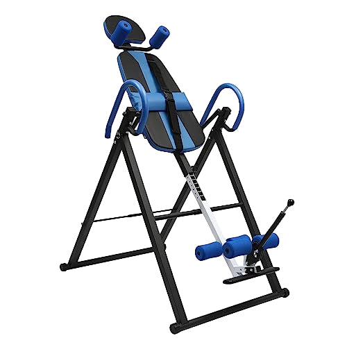 Inversion table with black and blue design on a white background